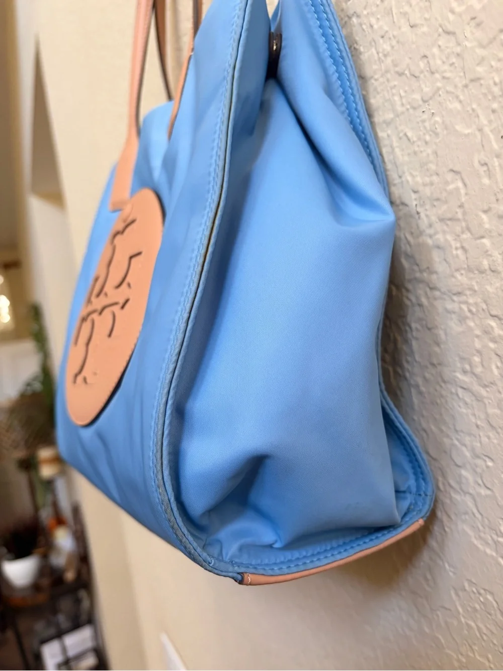 🦋Tory Burch Light Blue Nylon Tote w/ Tan Leather Trim